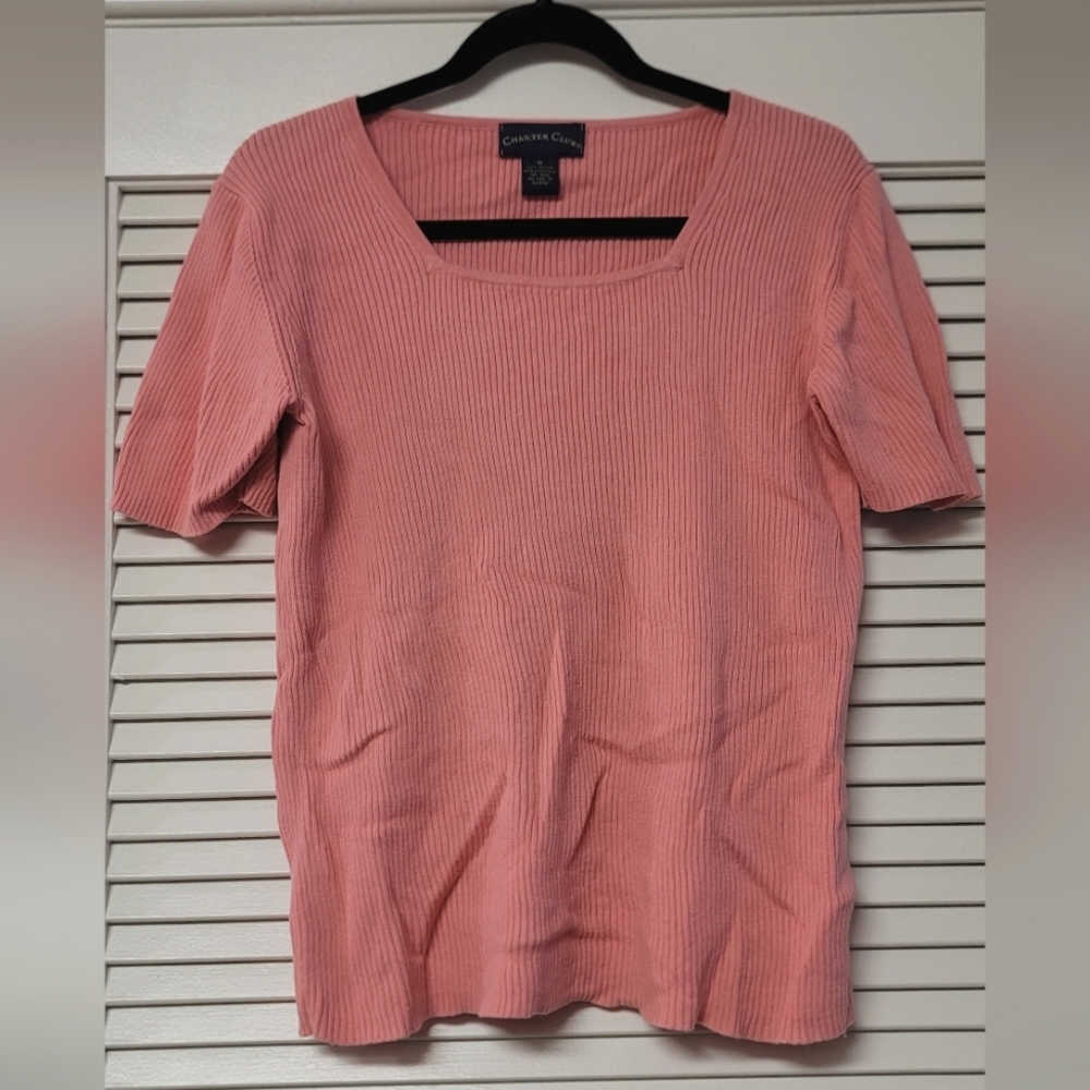 Charter Club - 100% Cotton Pink Ribbed Square Neckline Short-Sleeve Top